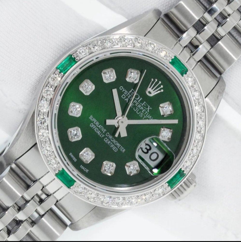 Rolex Lady Datejust Steel and 18K White Gold with Green Diamond Dial and Bezel